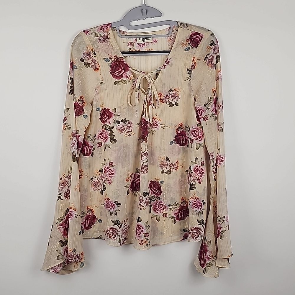 Show me your MUMU womens small floral metallic lined long sleeve blouse top